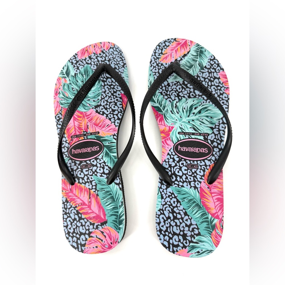 Havaianas Black and Multicolor Leaf Tropical Flip Flops Size 11/12